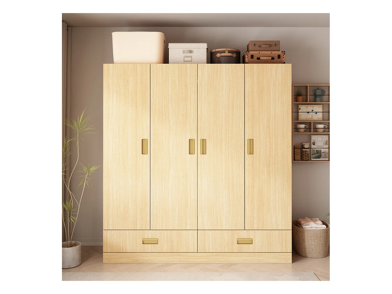 Armoire avec 4 portes Armoire avec barres de penderie et étagères pour la chambre à coucher Bois 160x50x180cm
