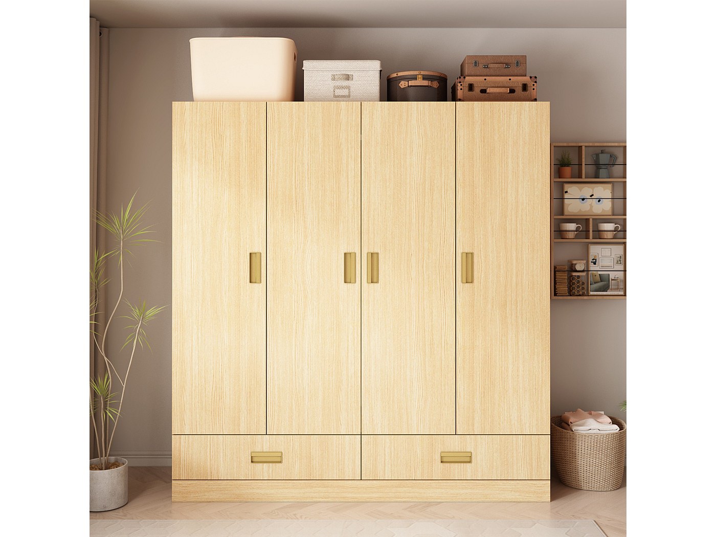 Armoire 4 portes 2 tiroirs L. 160 cm DAILY imitation chêne et noir - Armoire