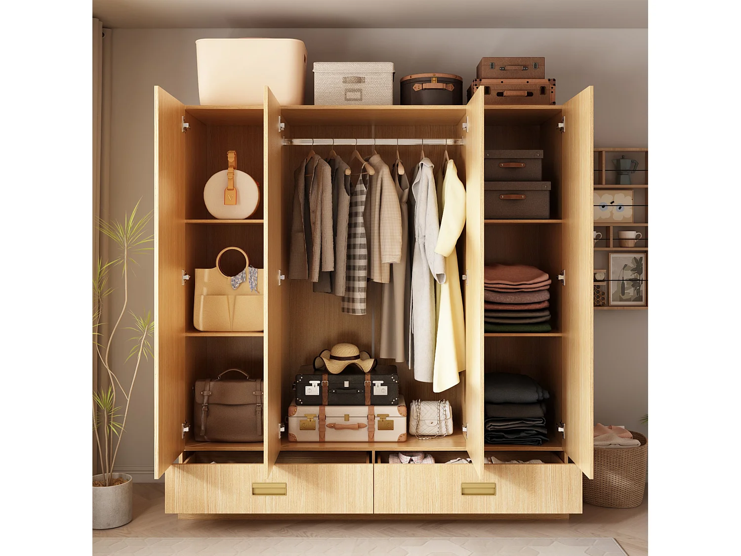 Armoire avec 4 portes Armoire avec barres de penderie et étagères pour la chambre à coucher Bois 160x50x180cm