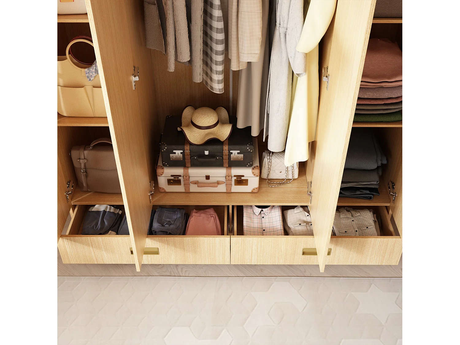 Armoire avec 4 portes Armoire avec barres de penderie et étagères pour la chambre à coucher Bois 160x50x180cm