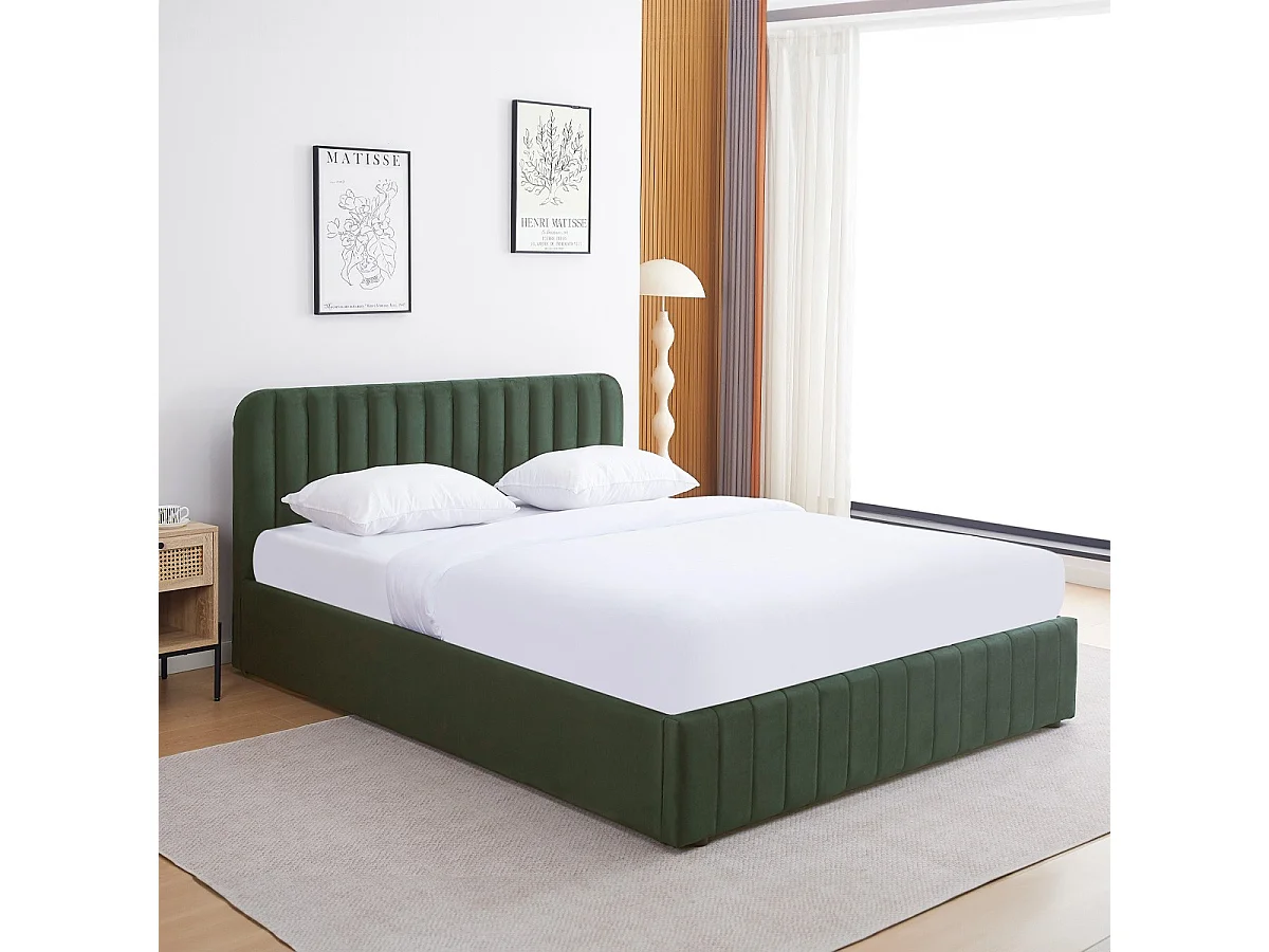 Lit coffre adulte 160x200 cm avec tête de lit capitonnée en velours vert kaki - Ava