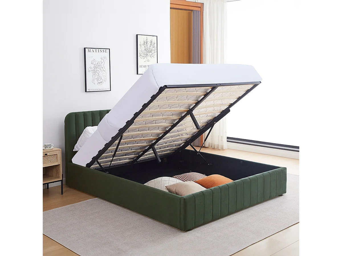 Lit coffre adulte 160x200 cm avec tête de lit capitonnée en velours vert kaki - Ava