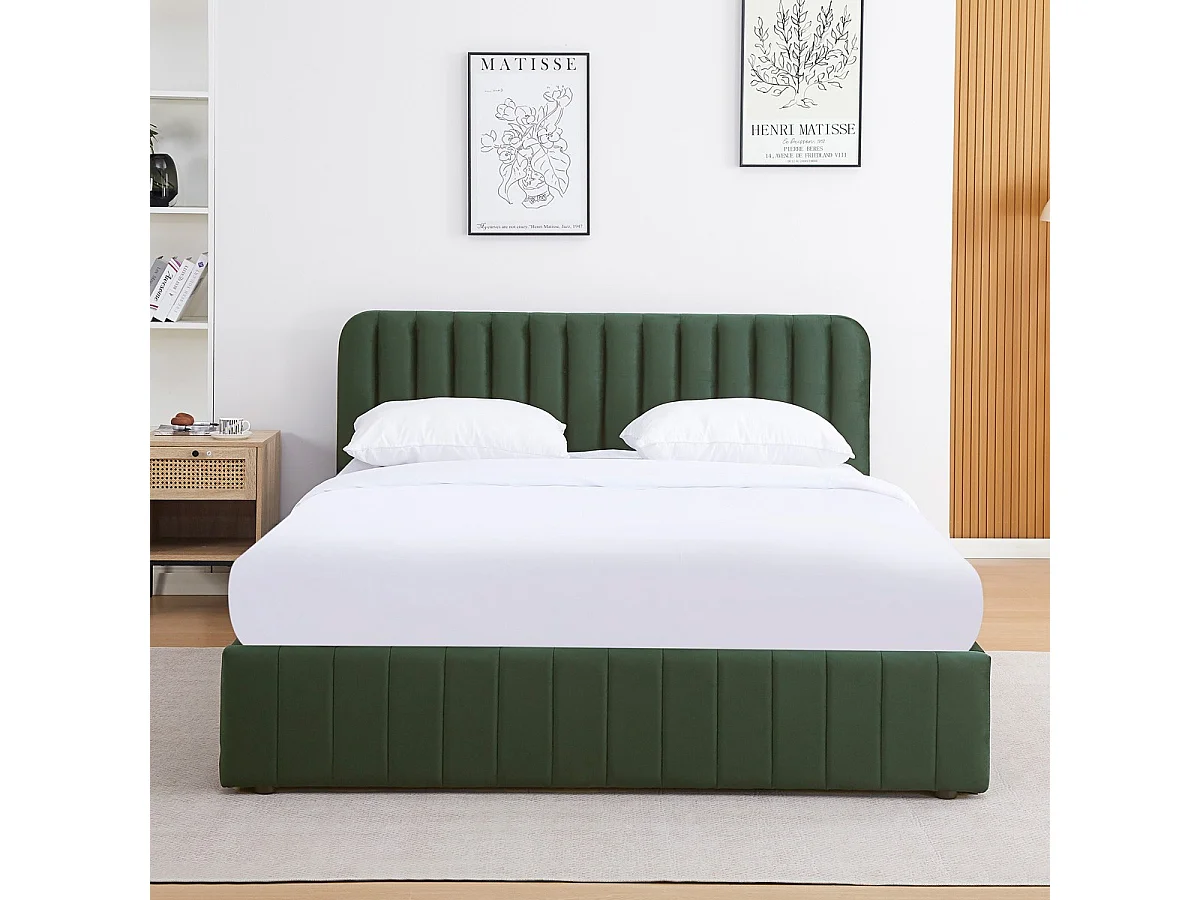 Lit coffre adulte 160x200 cm avec tête de lit capitonnée en velours vert kaki - Ava