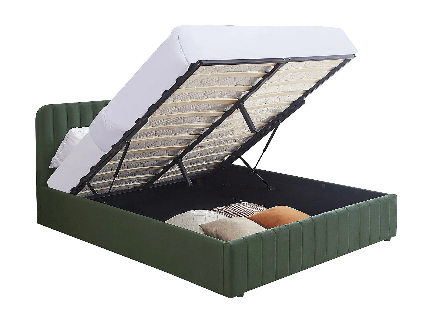 Lit coffre adulte 160x200 cm avec tête de lit capitonnée en velours vert kaki - Ava
