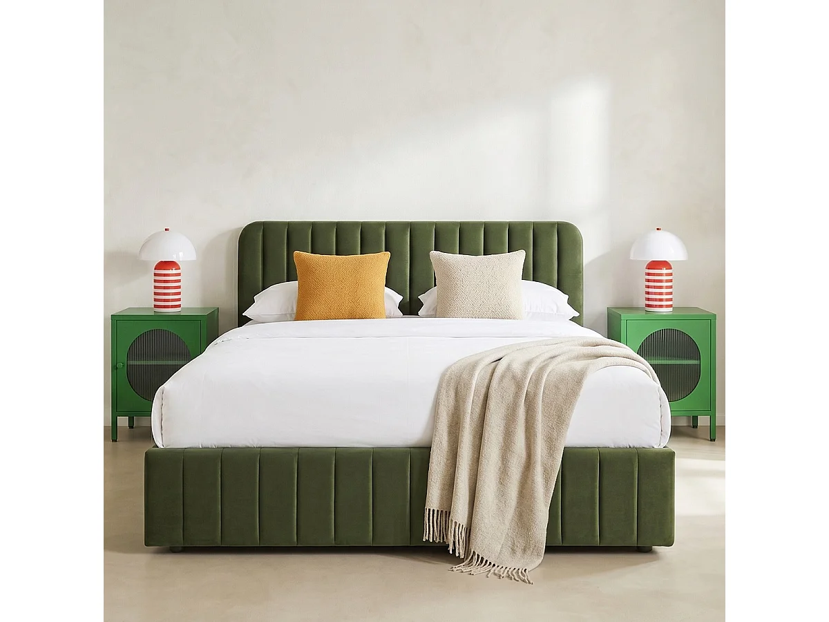 Lit coffre adulte 160x200 cm avec tête de lit capitonnée en velours vert kaki - Ava