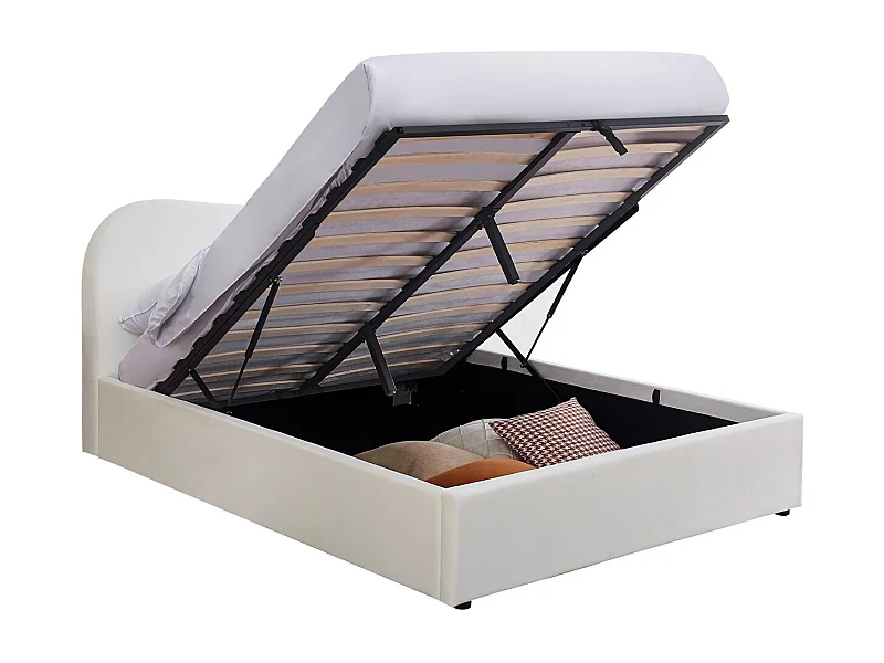 Lit Coffre 140x190 Cm En Velours Beige - Tête De Lit Rembourrée, Sommier Inclus, Rangement Intégré, Design Moderne