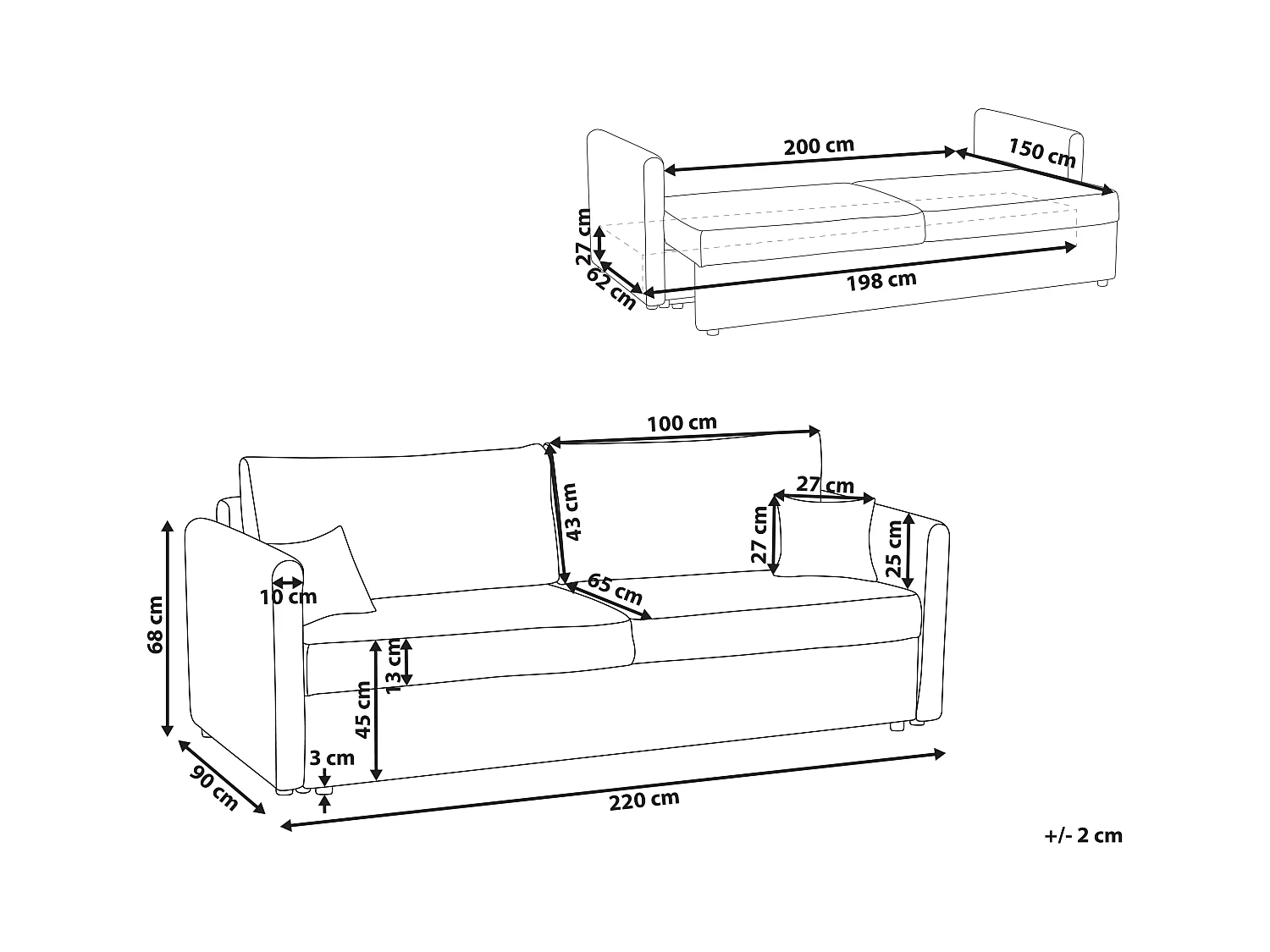 Canapé-lit 3 places BLEIK Tissu Gris clair avec rangement