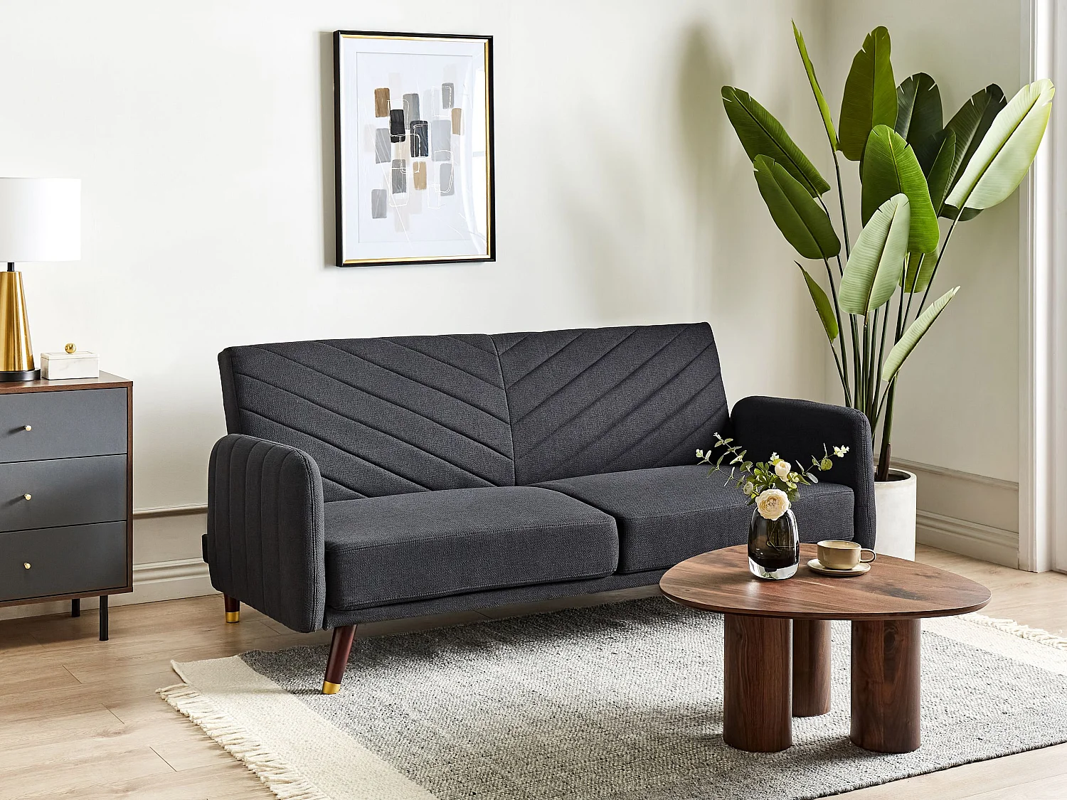 3-Sitzer Sofa klappbar Kunstleinen schwarz gesteppt Schlafsofa Retro-Stil Senja