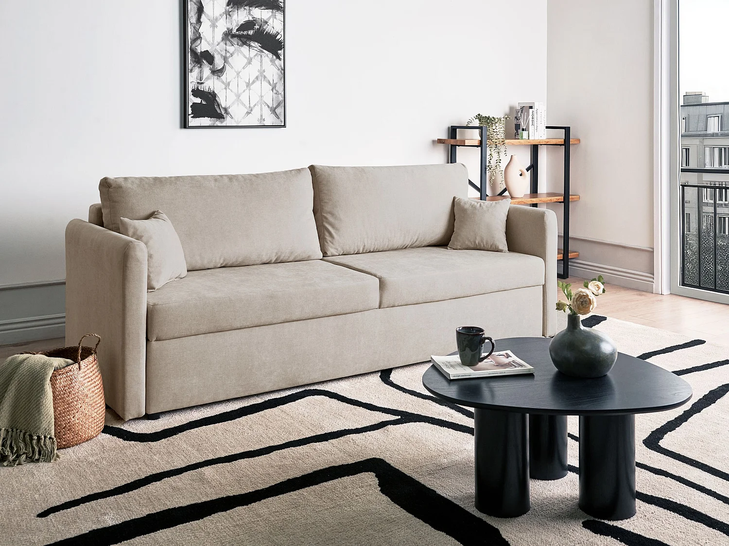 Slaapbank BLEIK Stof Lichtbeige met opbergruimte 3-zitter