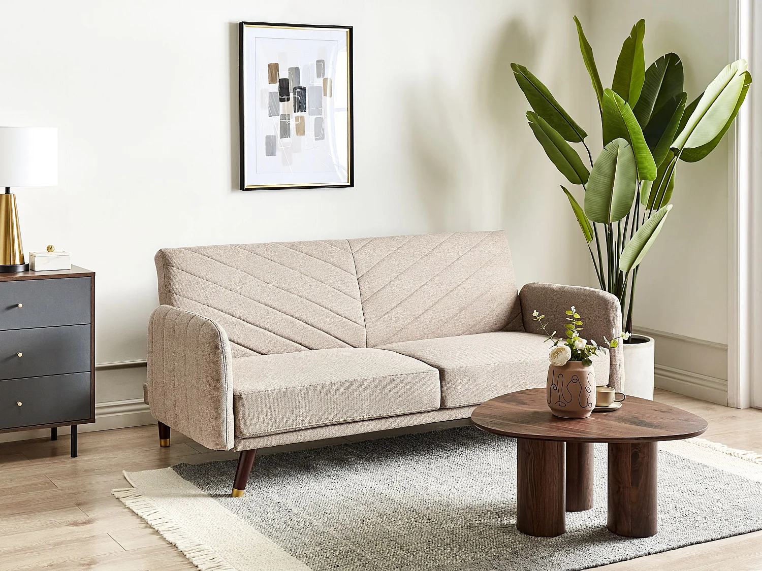 3-Sitzer Sofa klappbar Kunstleinen hellbraun gesteppt Schlafsofa Retro Senja