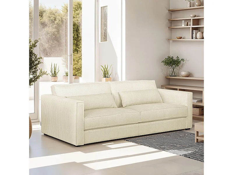 Canapé 3 places en velours côtelé beige - Oria