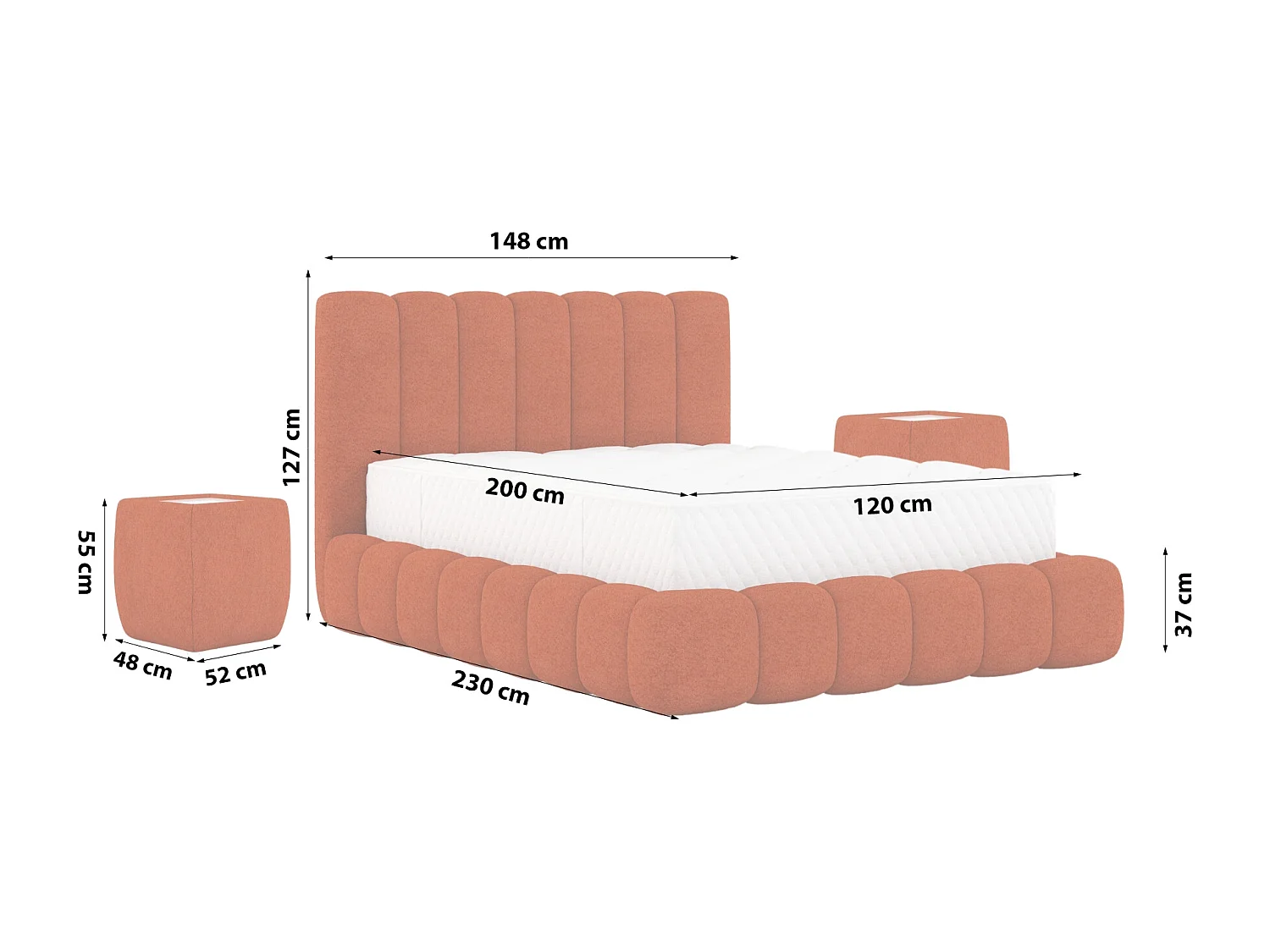 POLSTERBETT mit Nachttische Elvert Set 120x200 cm, Kupfer