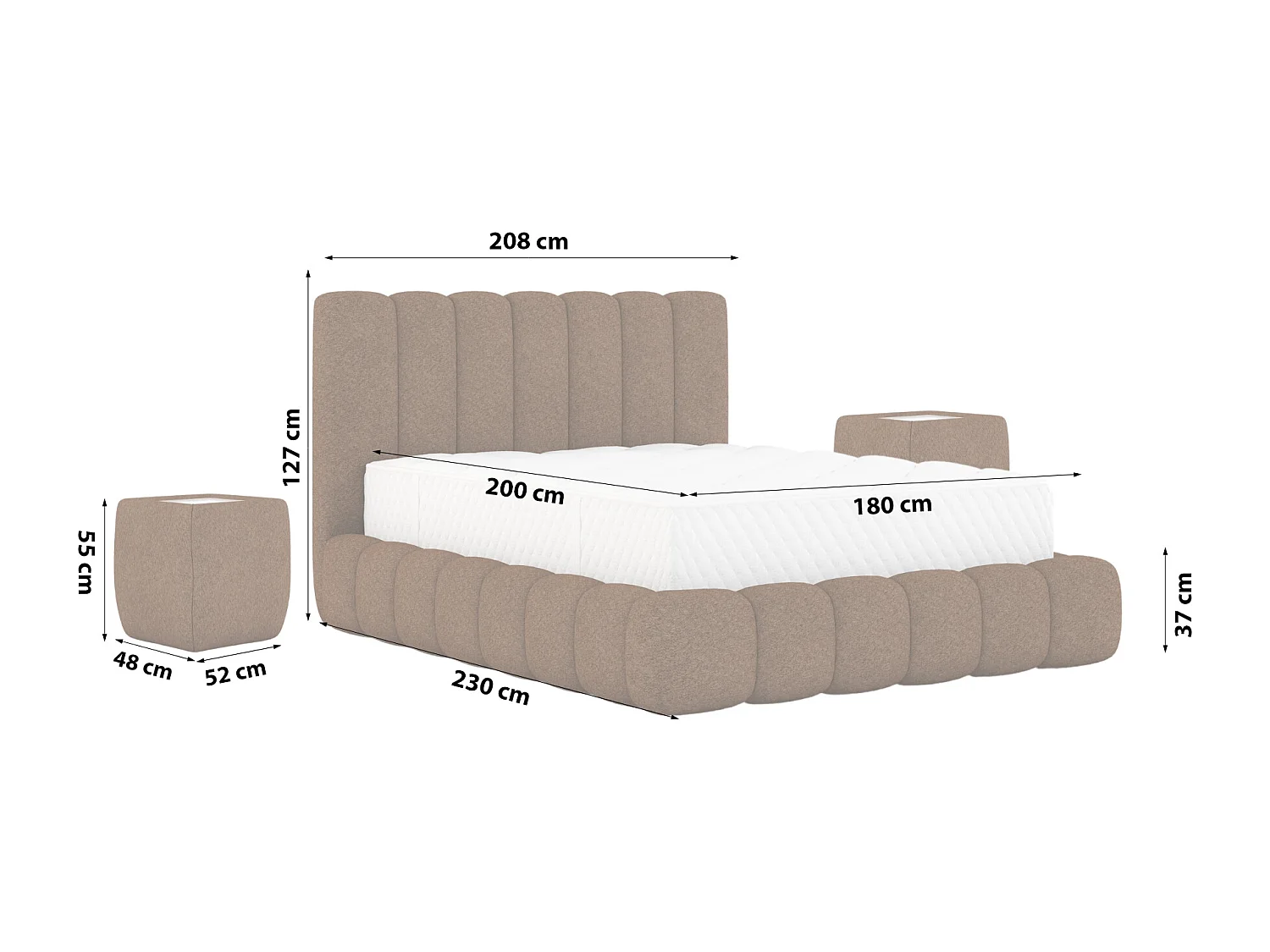 POLSTERBETT mit Nachttische Elvert Set 180x200 cm, Dunkelbraun