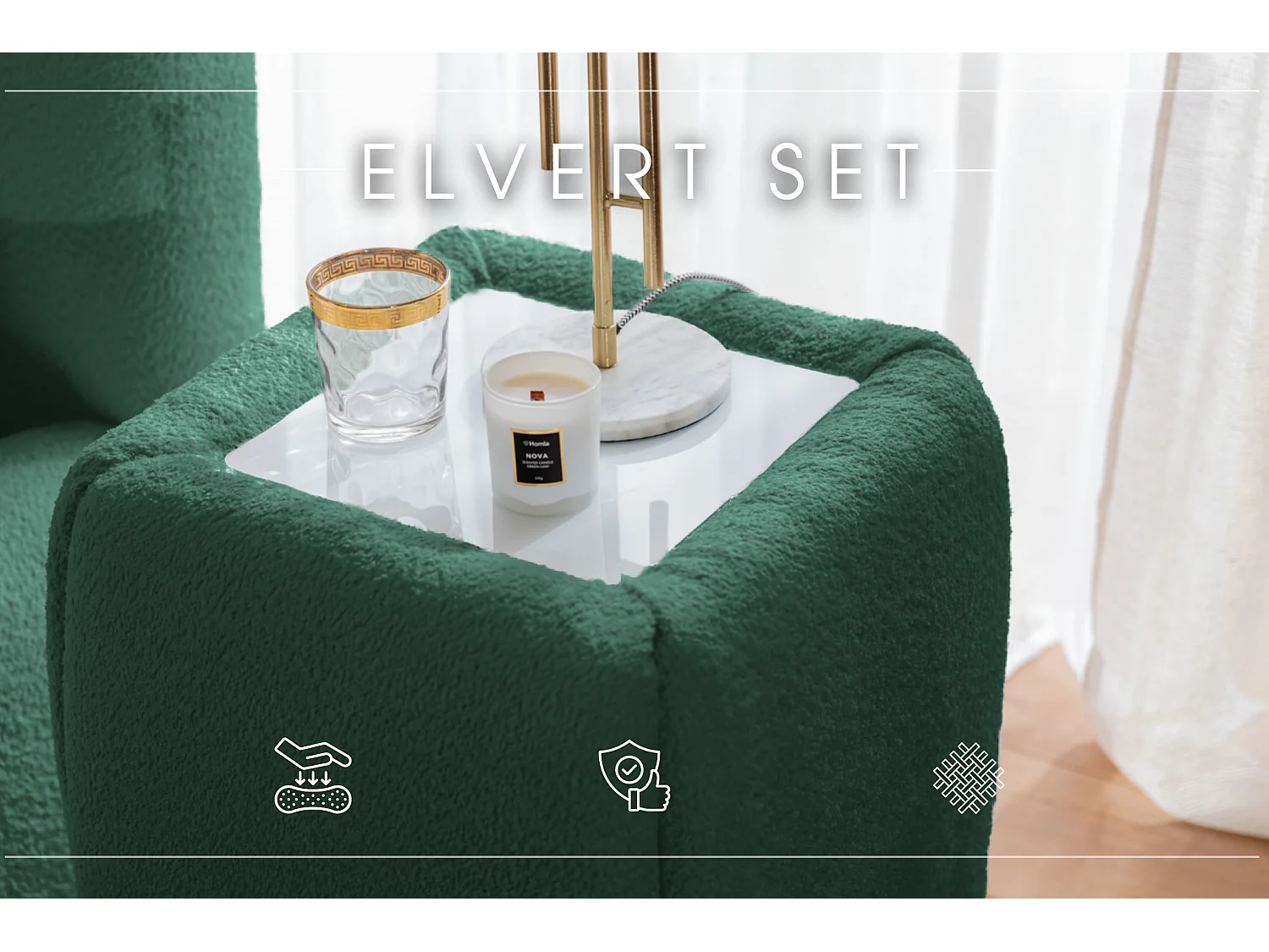 LIT TAPISSÉ avec tables de nuit Elvert Ensemble 160x200 cm, vert foncé