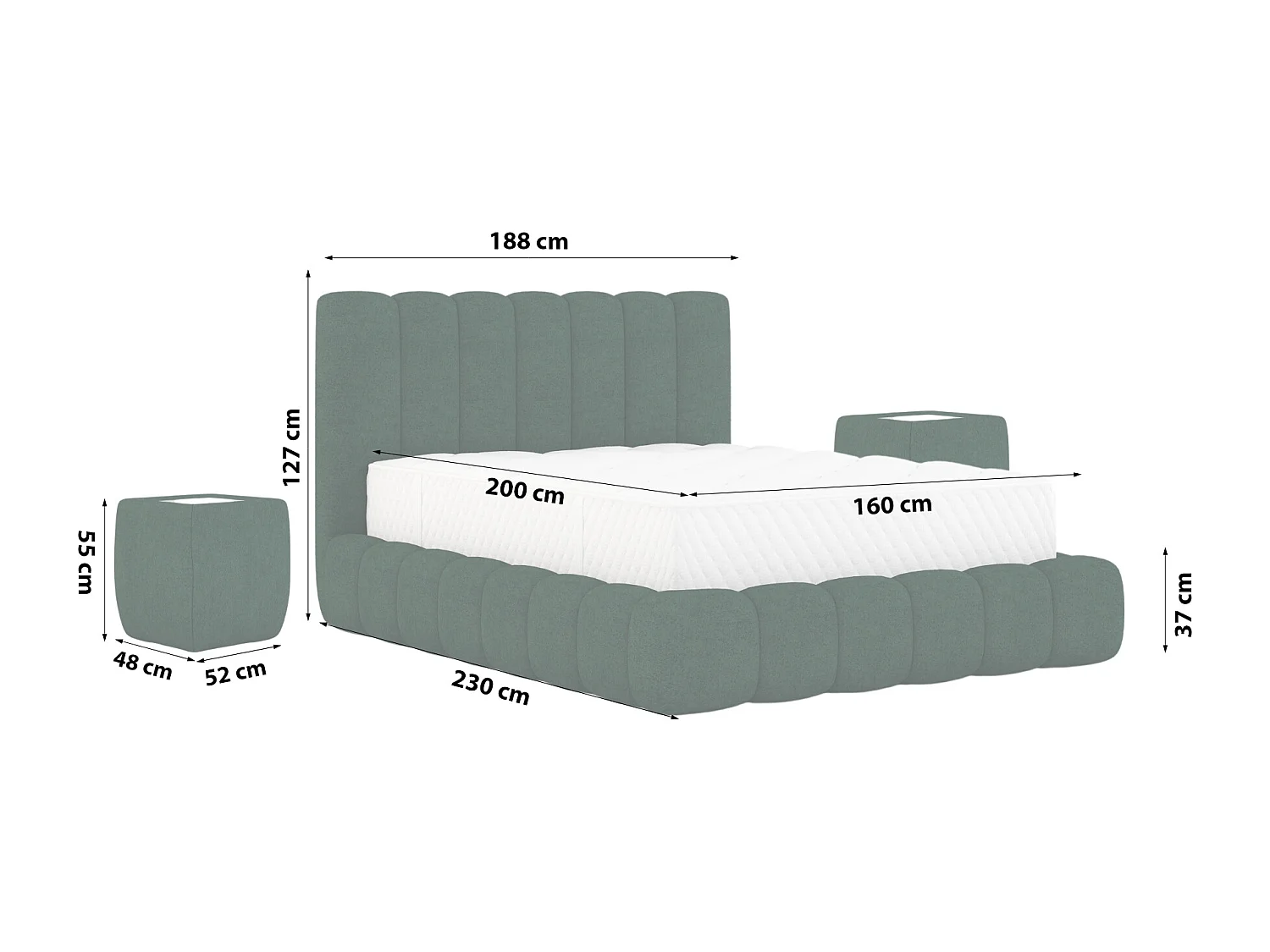 LIT TAPISSÉ avec tables de nuit Elvert Ensemble 160x200 cm, vert foncé