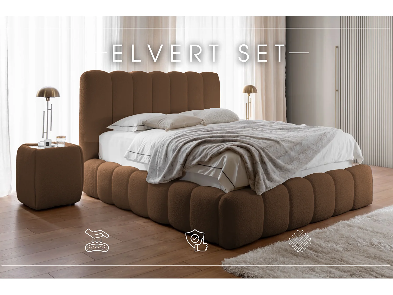 LIT TAPISSÉ avec tables de nuit Elvert Ensemble 200x200 cm, marron foncé