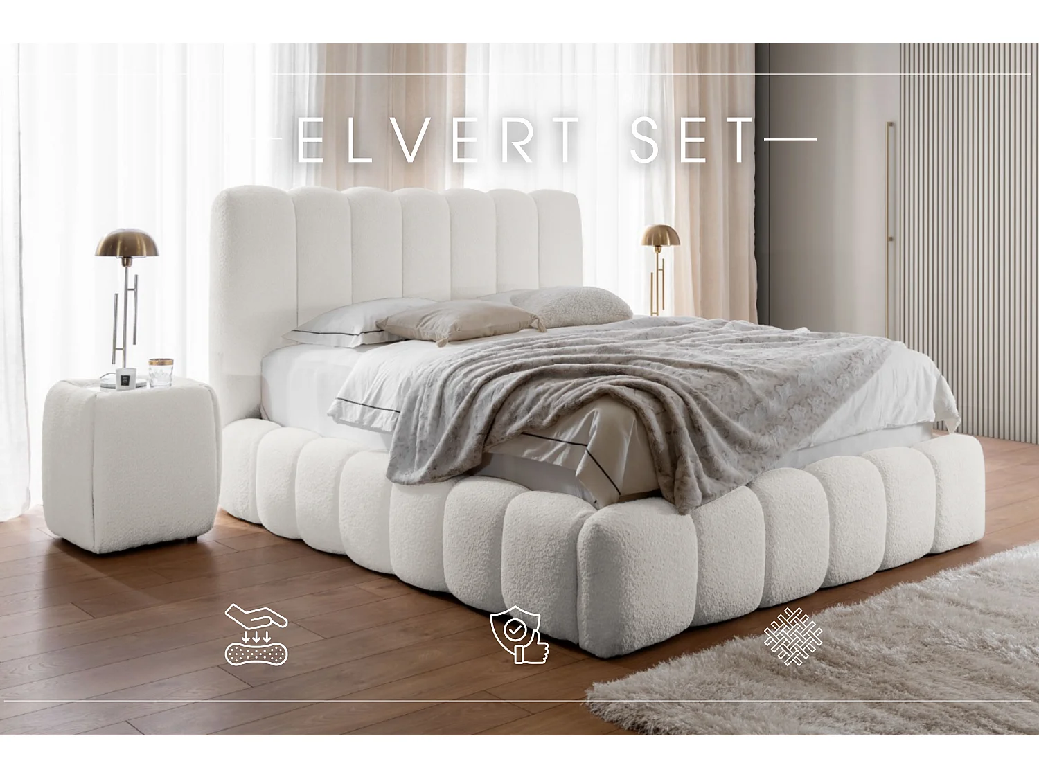 POLSTERBETT mit Nachttische Elvert Set 140x200 cm, Cremefarbe