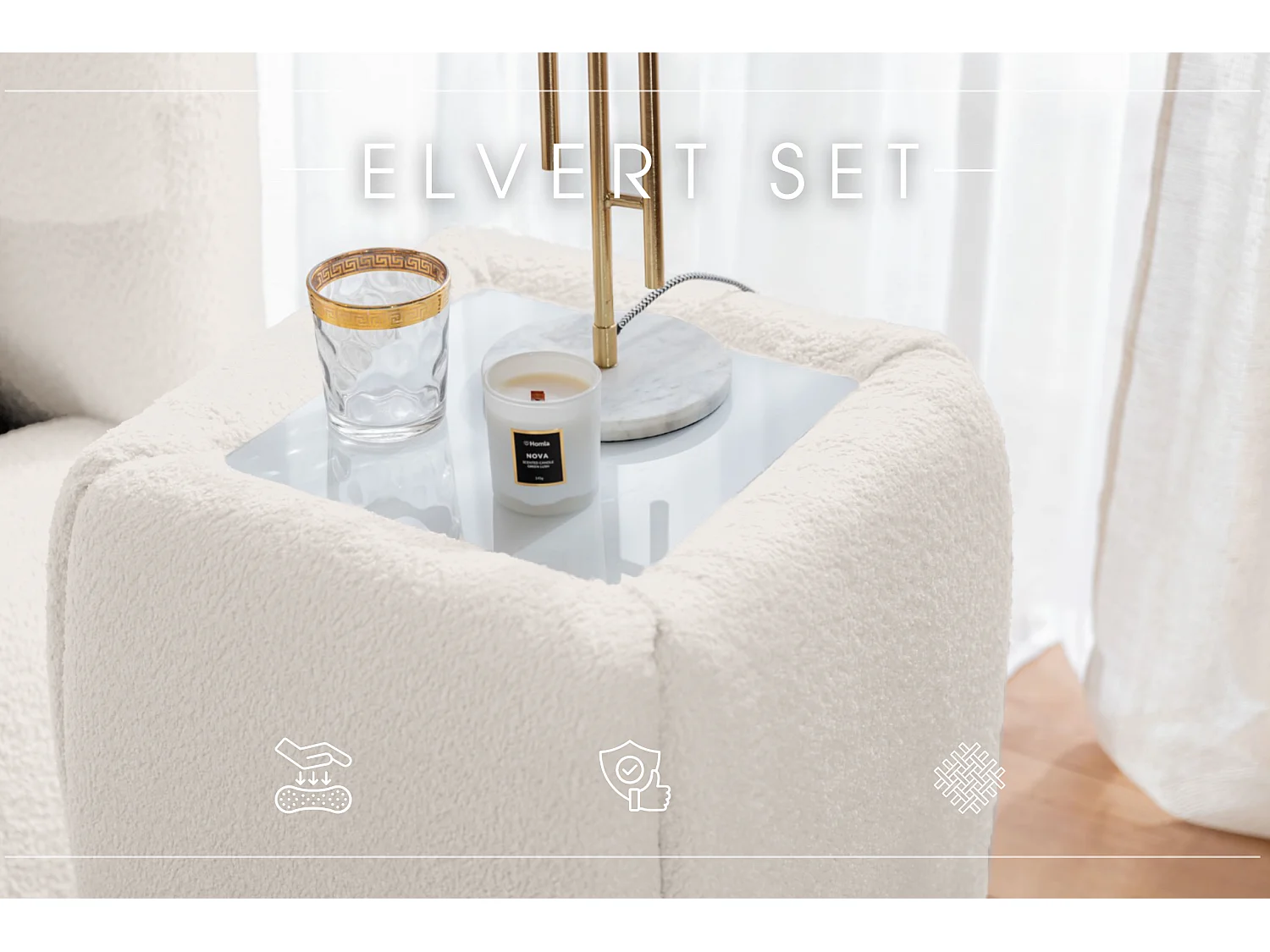 POLSTERBETT mit Nachttische Elvert Set 140x200 cm, Cremefarbe