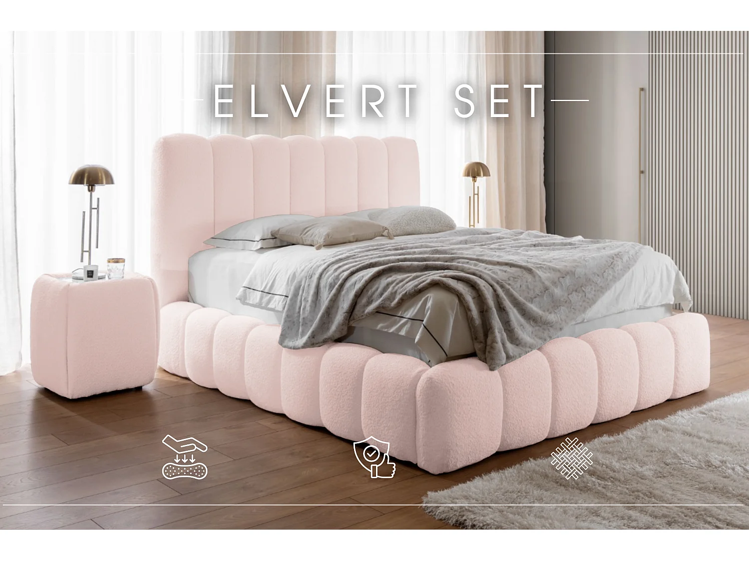 LIT TAPISSÉ avec tables de nuit Elvert Ensemble 120x200 cm, rose clair