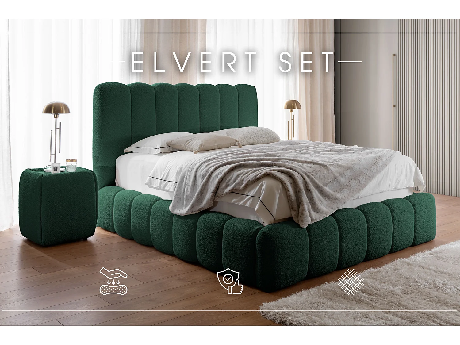 LIT TAPISSÉ avec tables de nuit Elvert Ensemble 120x200 cm, vert foncé