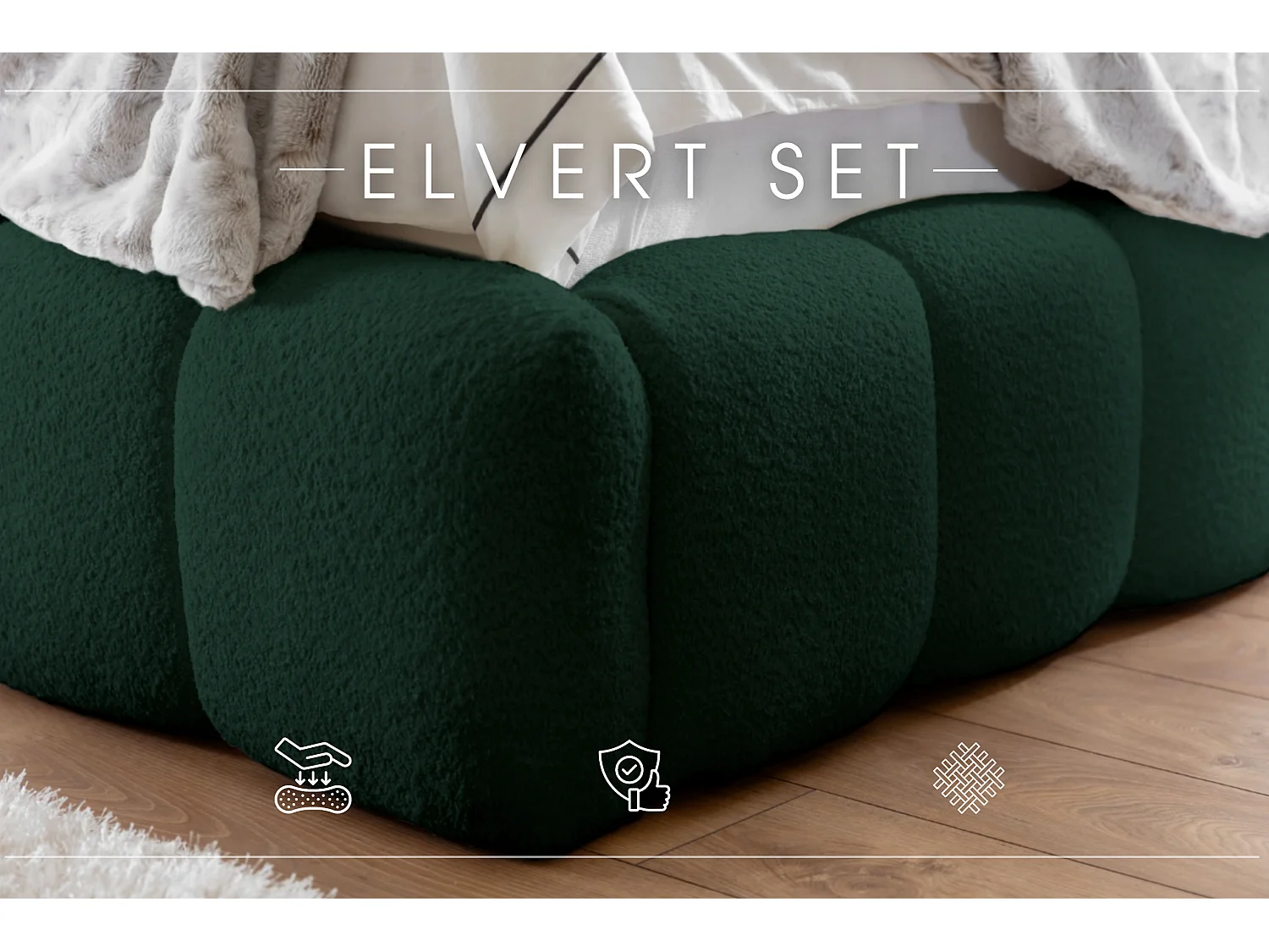 LIT TAPISSÉ avec tables de nuit Elvert Ensemble 120x200 cm, vert foncé