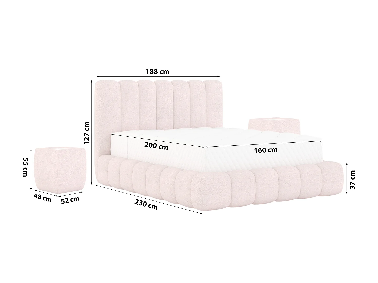 POLSTERBETT mit Nachttische Elvert Set 160x200 cm, Hellrosa