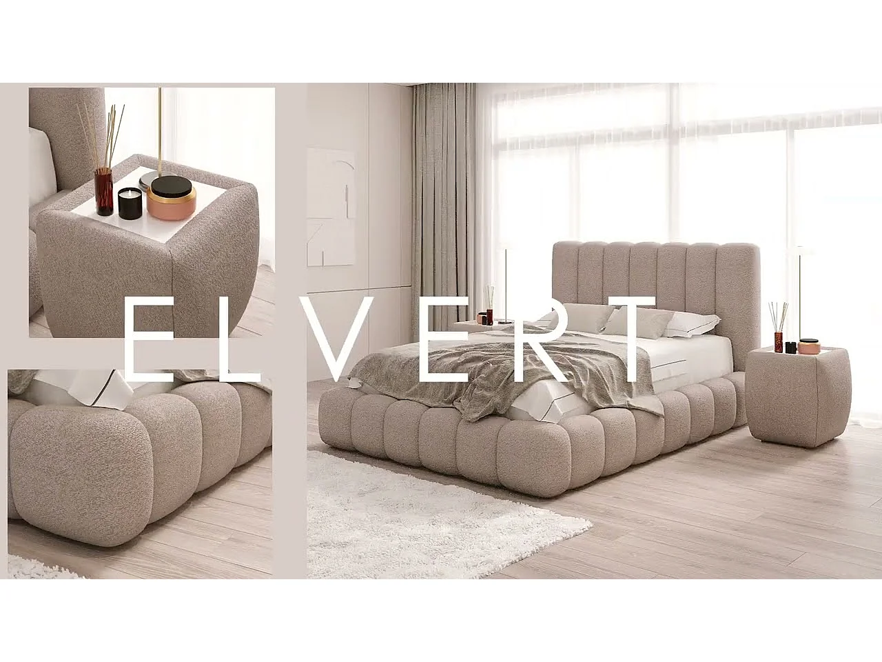 POLSTERBETT mit Nachttische Elvert Set 120x200 cm, Cremefarbe