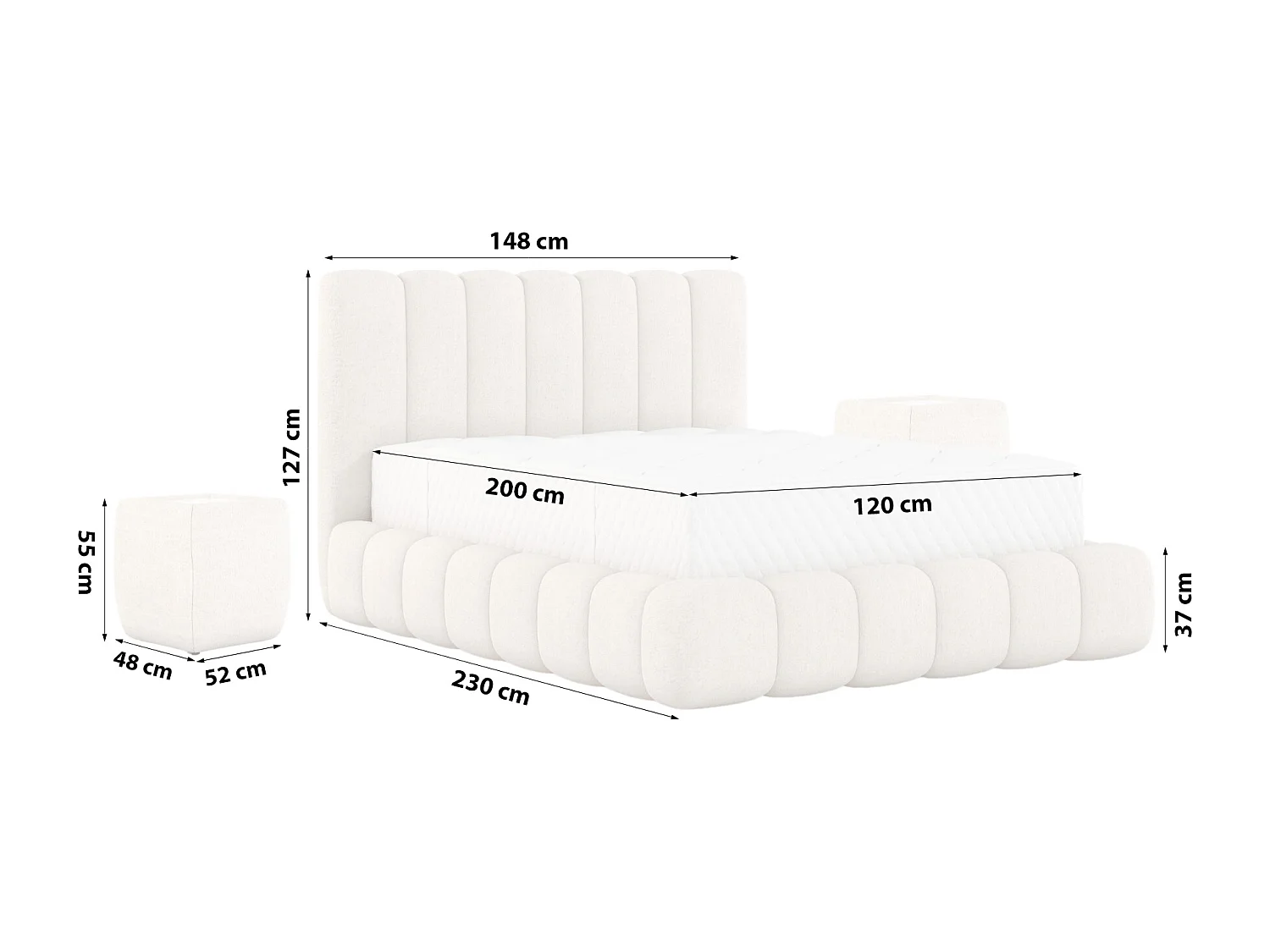 POLSTERBETT mit Nachttische Elvert Set 120x200 cm, Cremefarbe