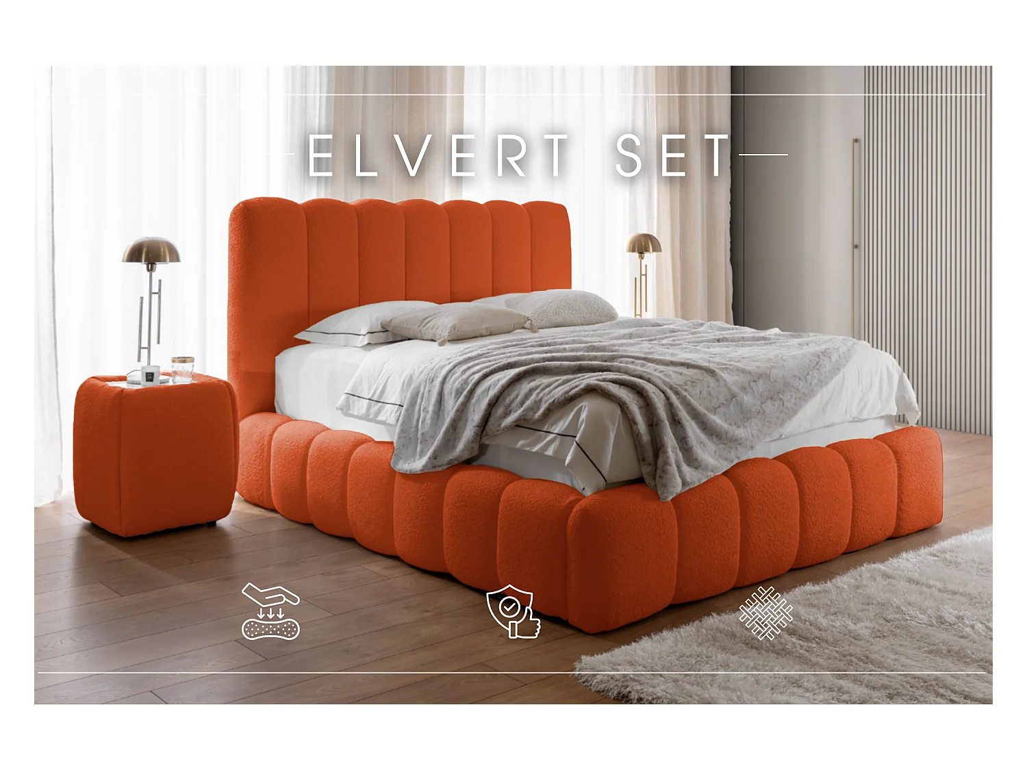 POLSTERBETT mit Nachttische Elvert Set 140x200 cm, Kupfer