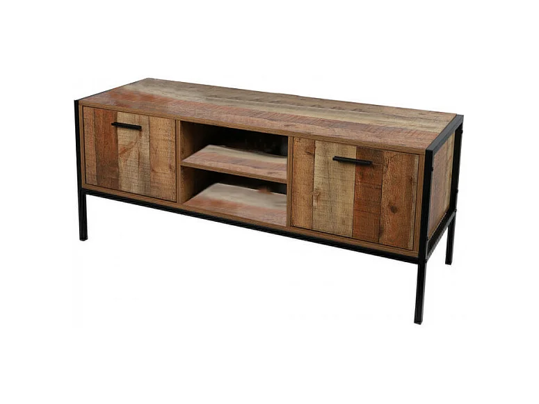 meuble tv  métal noir et bois 2 portes + 2 étagères
