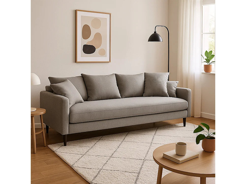 Villabon - Canapé convertible 4 places en tissu pieds bois foncé - Gris chiné