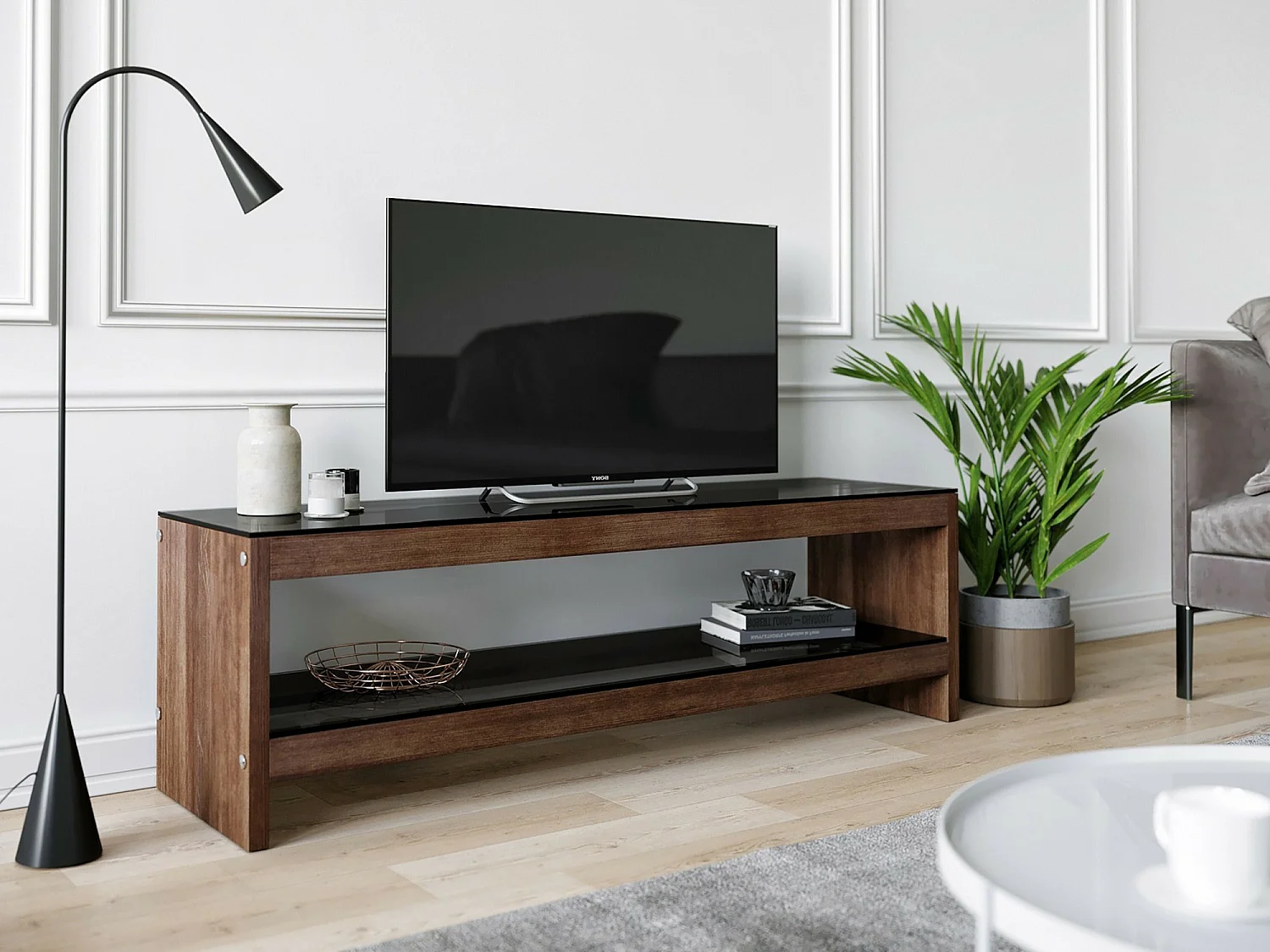 meuble tv en bois 140 cm avec étagères en verre, finition marron