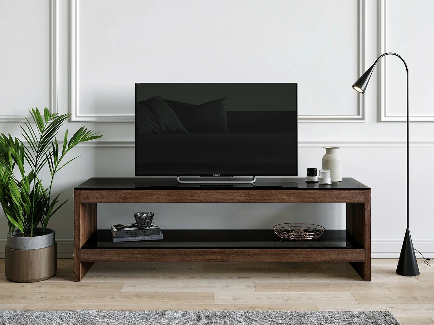 meuble tv en bois 140 cm avec étagères en verre, finition marron