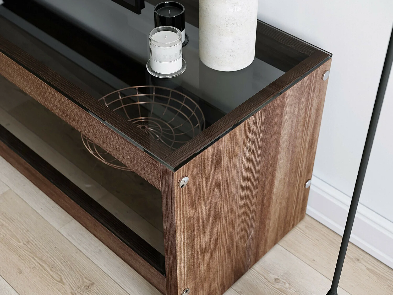 meuble tv en bois 140 cm avec étagères en verre, finition marron