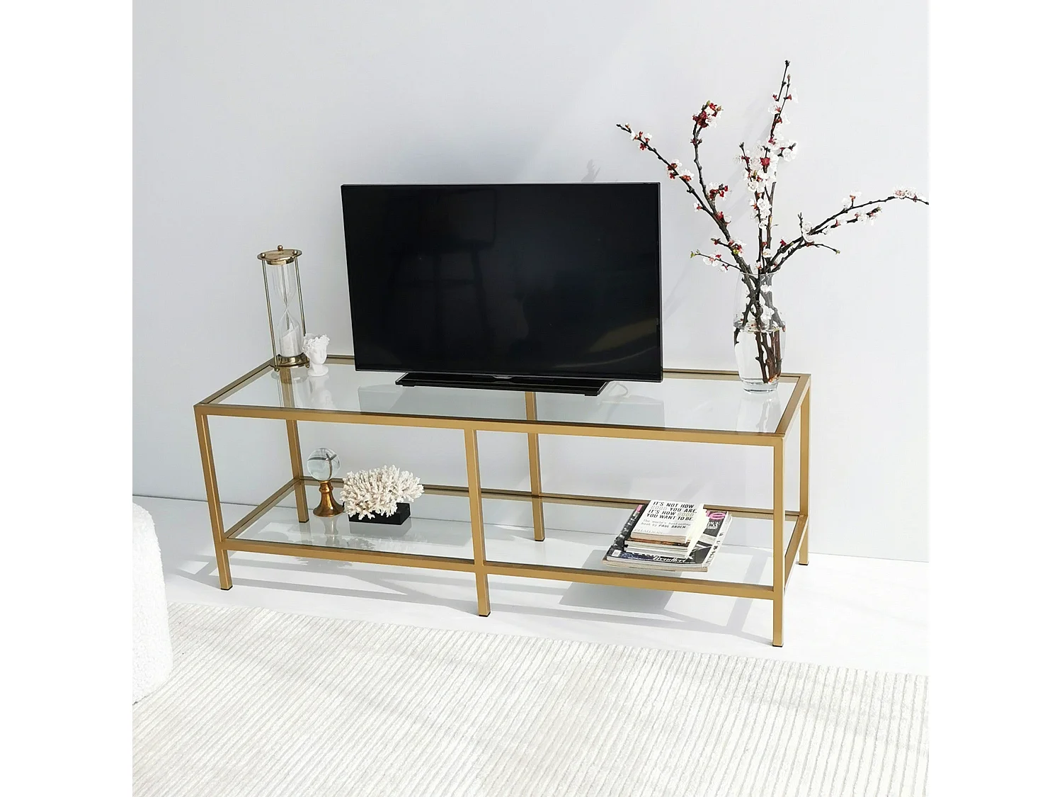 Moderner Metall- und Glastisch für Fernseher, 130 cm, Goldy