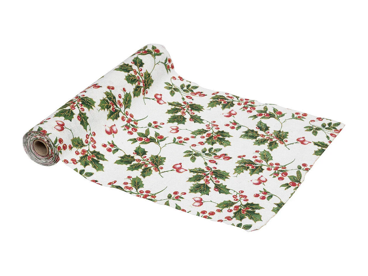 Chemin de table Tissu Beige et Houx vert et rouge 28 x 300 cm