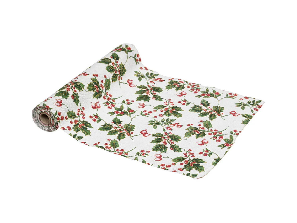 Chemin de table Tissu Beige et Houx vert et rouge 28 x 300 cm