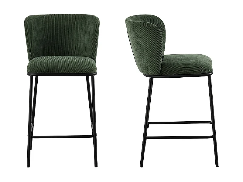 Lot de 2 tabourets de bar en velours côtelé vert kaki, piètement noir - Toma