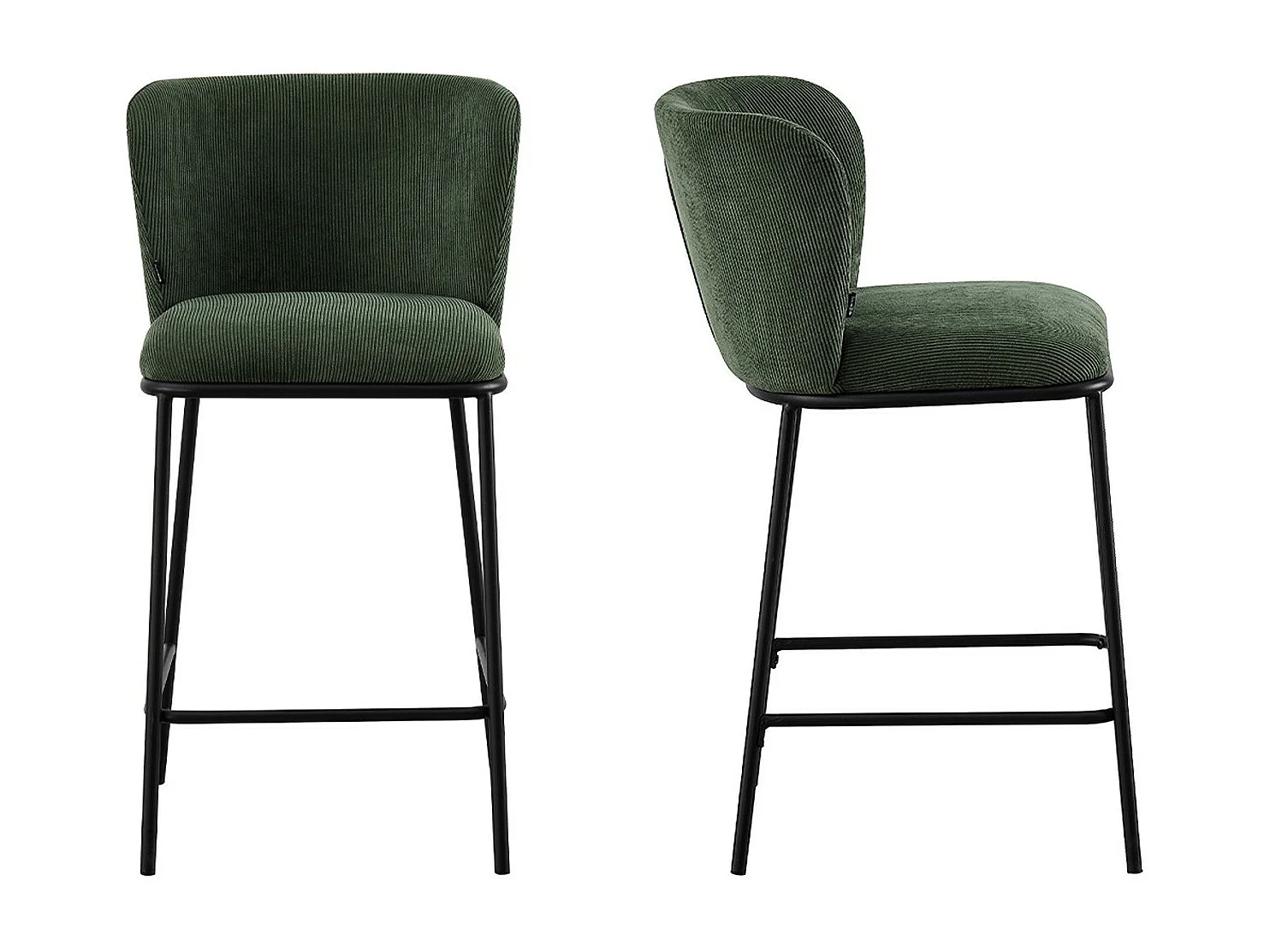 Lot de 2 tabourets de bar en velours côtelé vert kaki, piètement noir - Toma