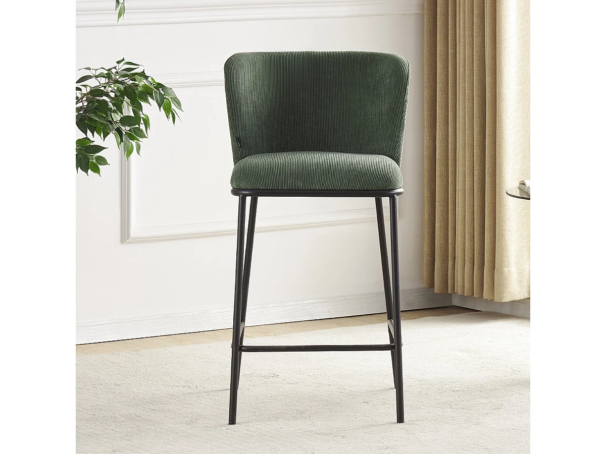 Lot de 2 tabourets de bar en velours côtelé vert kaki, piètement noir - Toma