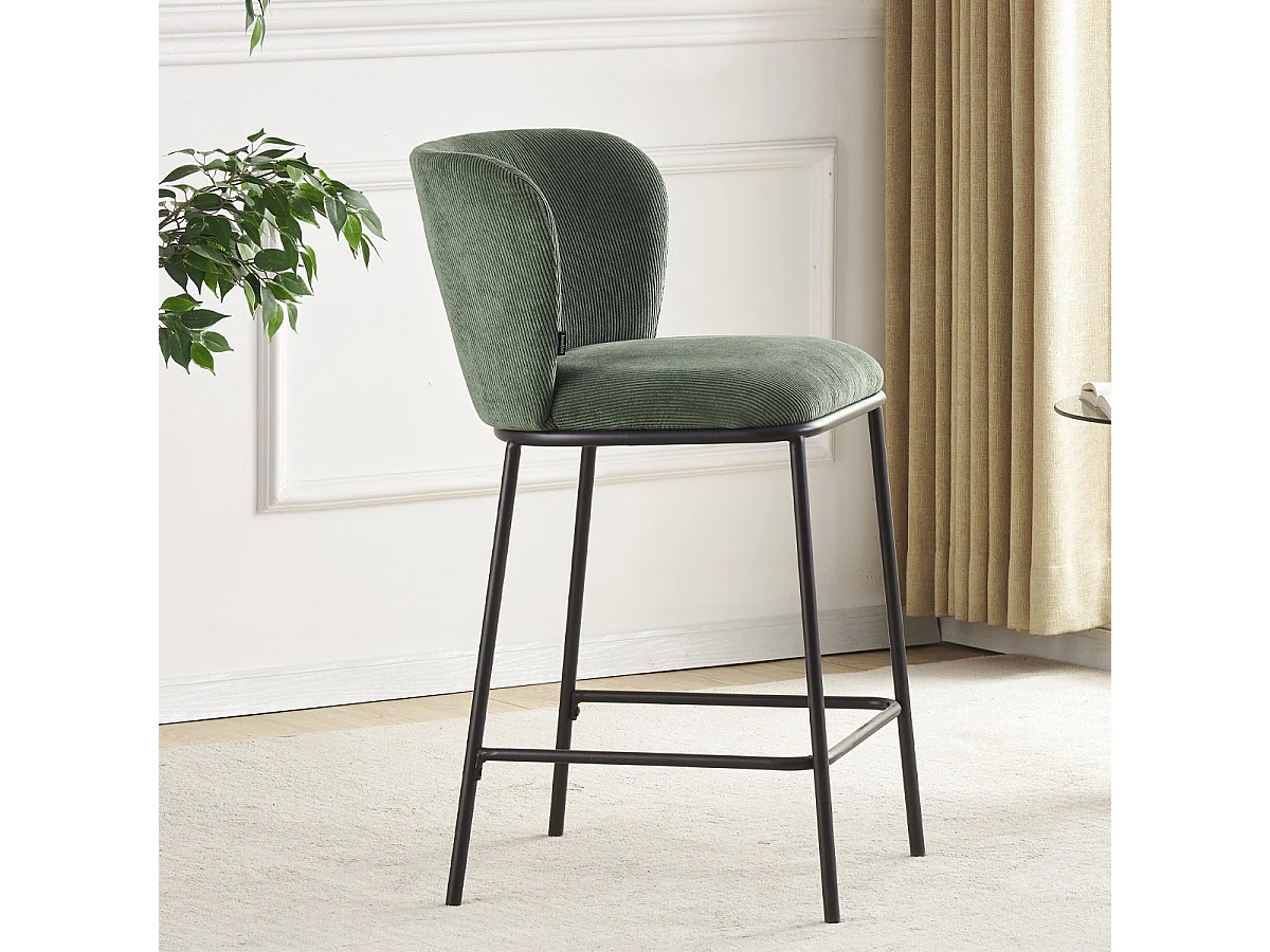 Lot de 2 tabourets de bar en velours côtelé vert kaki, piètement noir - Toma