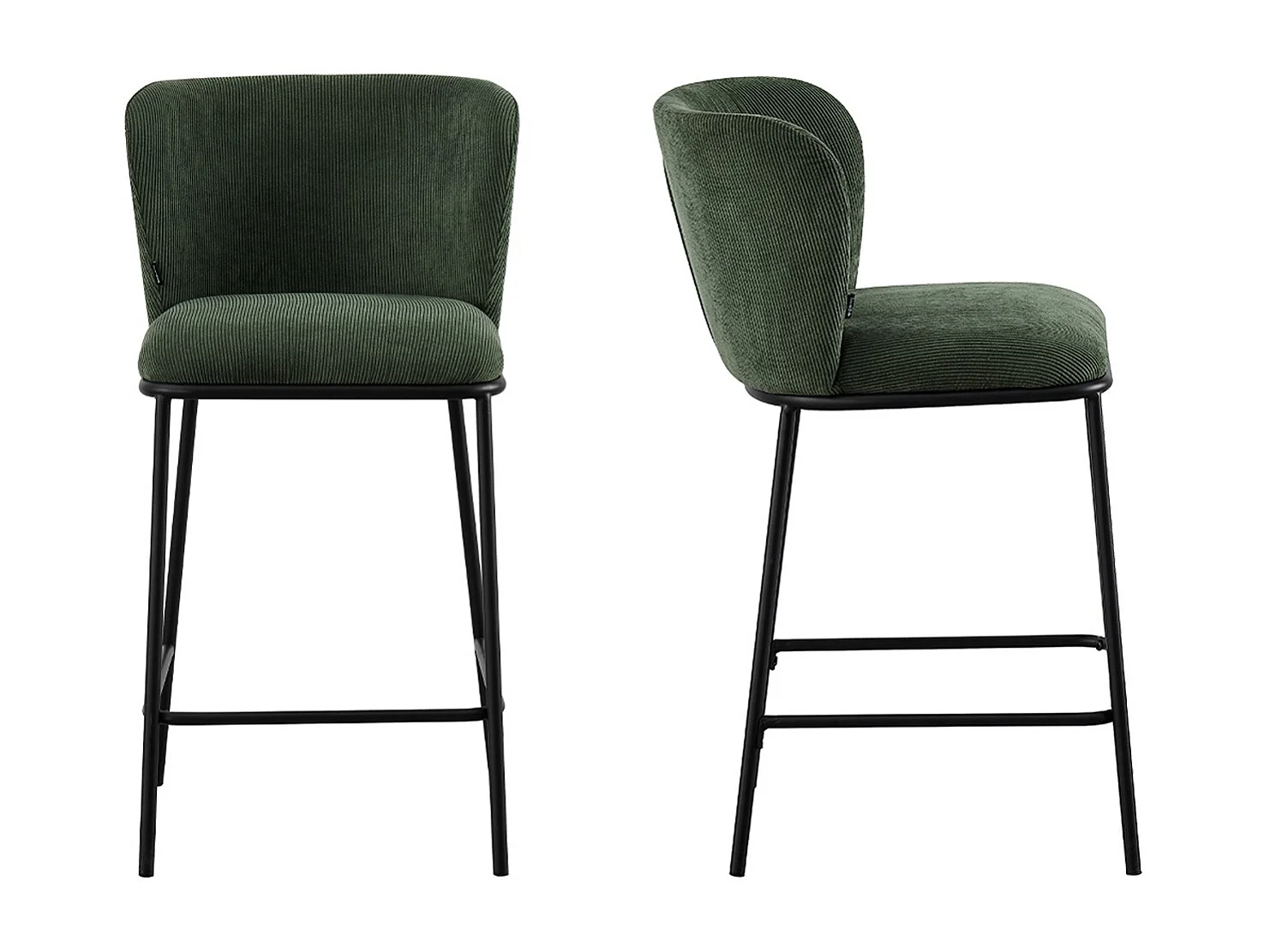 Lot de 2 tabourets de bar en velours côtelé vert kaki, piètement noir - Toma