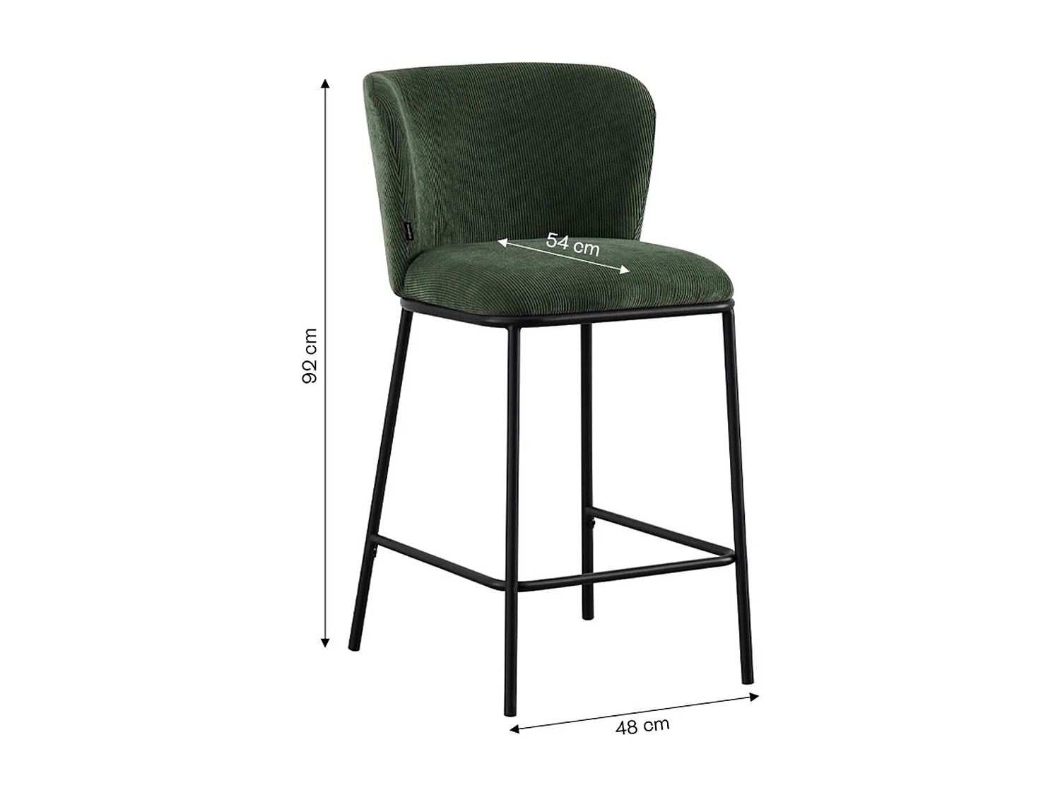 Lot de 2 tabourets de bar en velours côtelé vert kaki, piètement noir - Toma