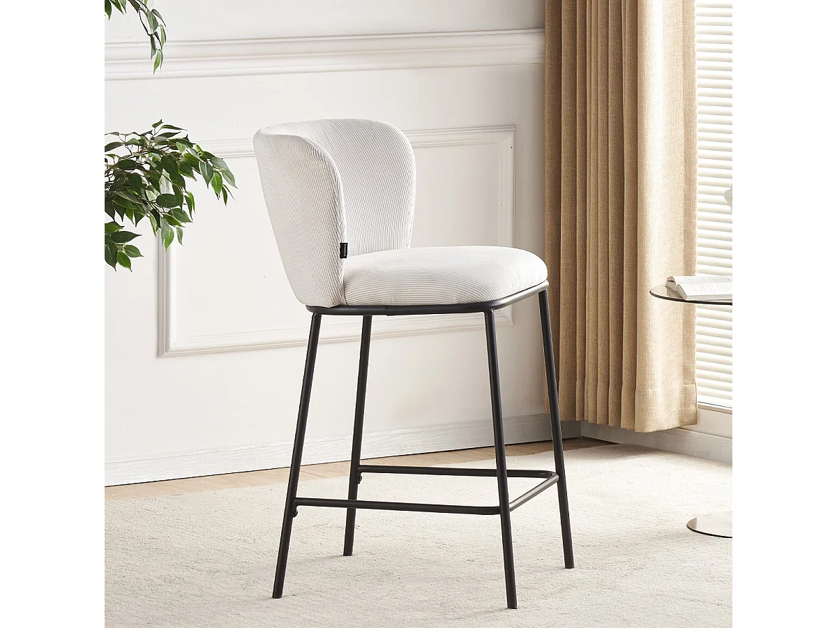 Lot de 2 tabourets de bar en velours côtelé beige, piètement noir - Toma