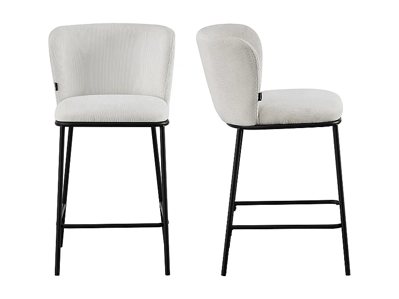 Lot de 2 tabourets de bar en velours côtelé beige, piètement noir - Toma