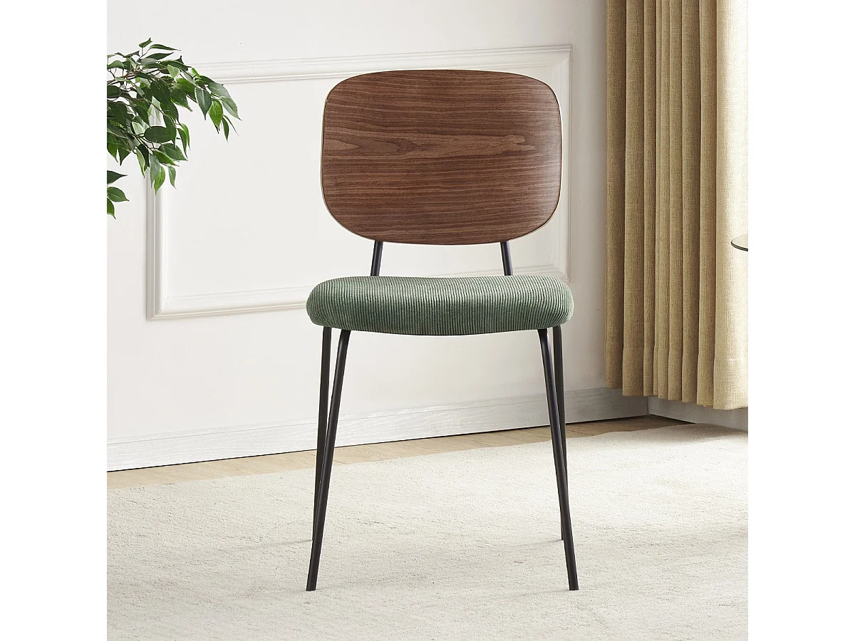 Lot de 2 chaises en velours côtelé vert kaki, piètement en métal noir - Naya