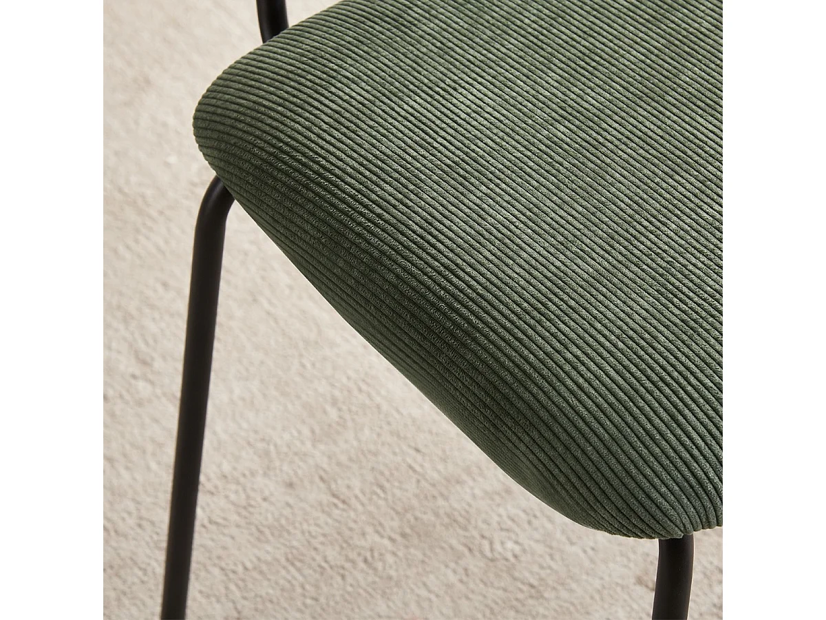 Lot de 2 chaises en velours côtelé vert kaki, piètement en métal noir - Naya