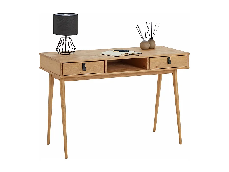 Bureau KIM en pin massif avec 2 tiroirs et 1 niche lasuré brun