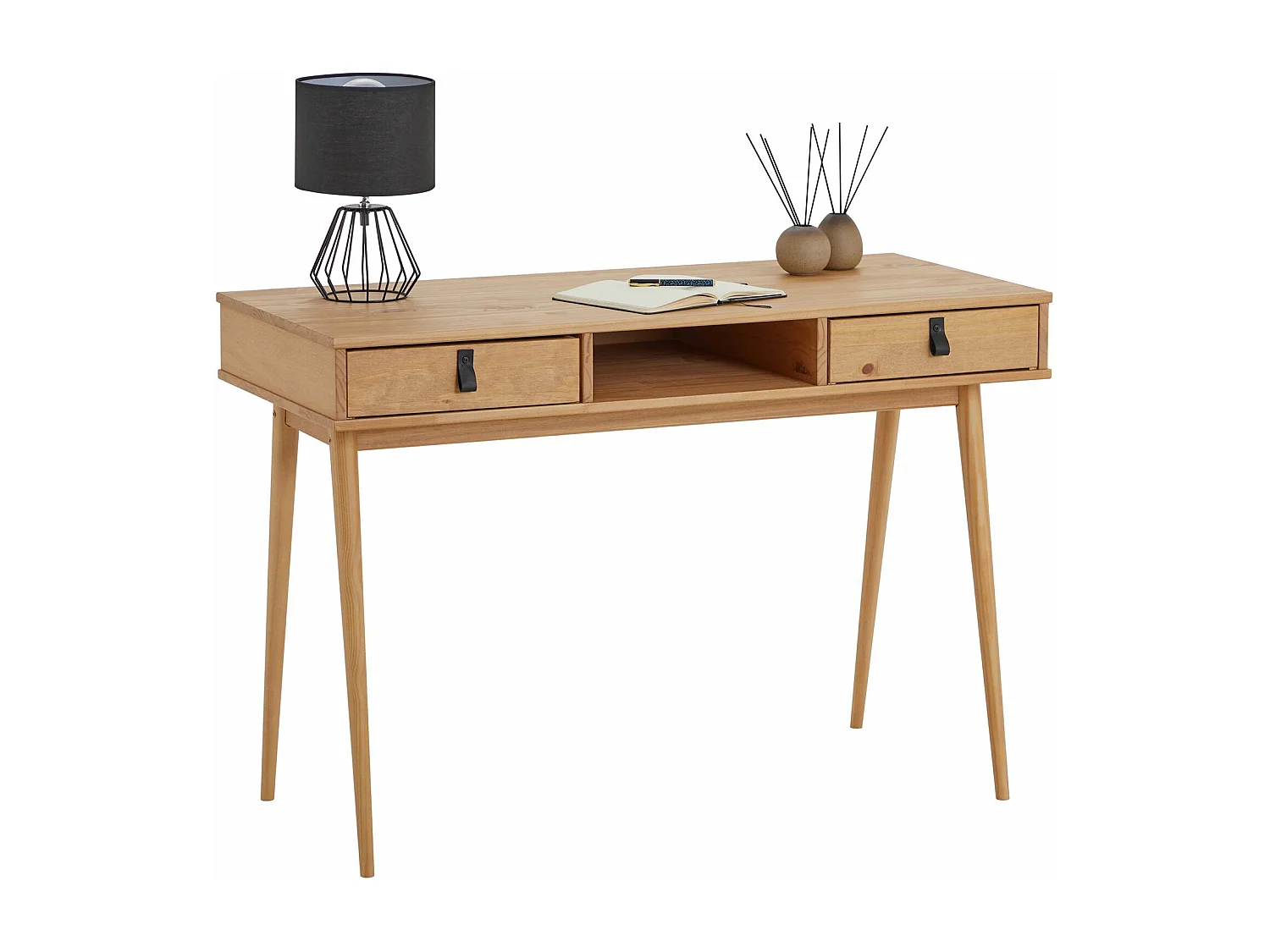 Bureau KIM en pin massif avec 2 tiroirs et 1 niche lasuré brun