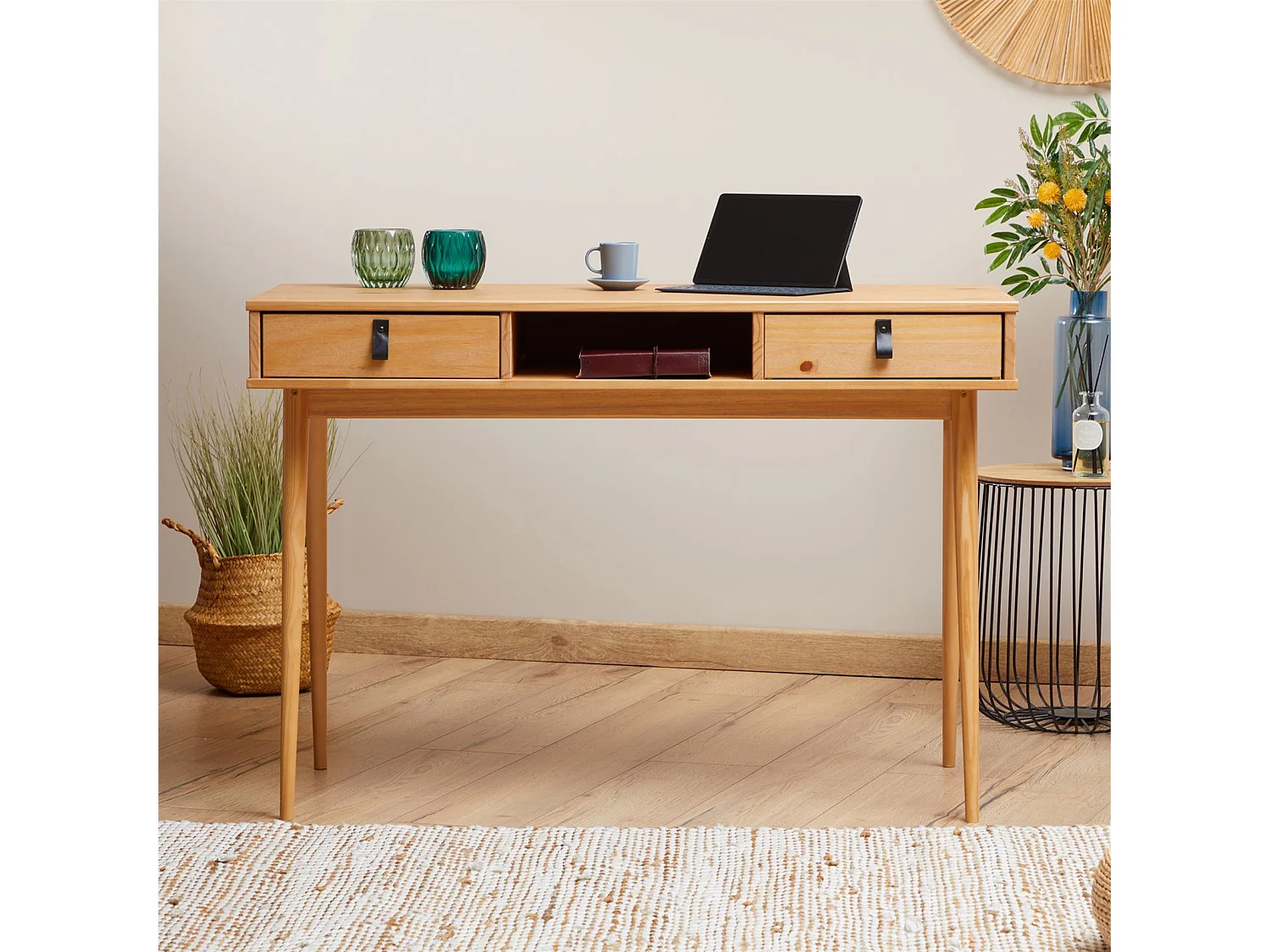 Bureau KIM en pin massif avec 2 tiroirs et 1 niche lasuré brun